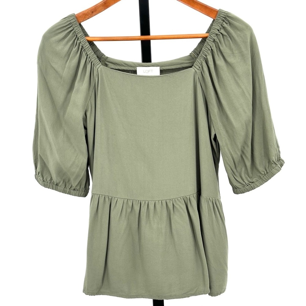 Ann Taylor LOFT Peplum Top Olive Green Square Neck‎ Puff Sleeves Women's Small